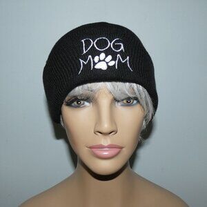 Dog Mom Knit Cap Black Knit Cape with White letters